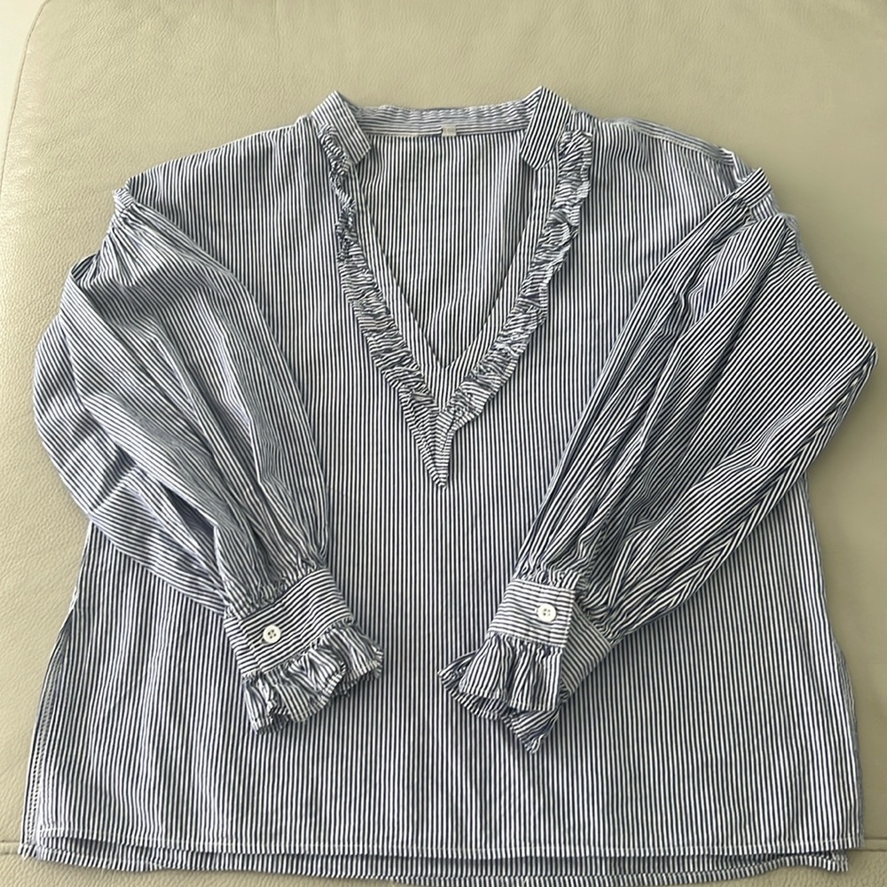 Blue Vertical Striped Deep V neck Ruffle Blouse